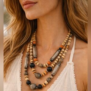Boho Beaded  Necklace | Tribal Artisan Wood & Metal | Indie Folk Festival